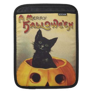 Vintage Halloween Smiling Cute Black Cat Pumpkin Sleeves For iPads