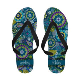 Girly Floral Pattern with Custom Name Flip Flops