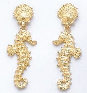 14k Gold Nautical Seahorse Dangling From Shell Earrings Million Charms Jewelry