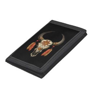 Decorated Native Bull Skull with Feathers on Black Tri fold Wallet