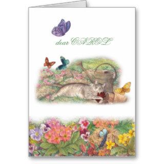 pet sympathy, cat in garden, heartfelt message greeting card