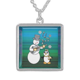Snowman with Guitar and Penguin in Gold and Silver Personalized Necklace