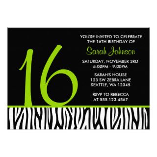 Green and Black Zebra Sweet 16 Number Birthday Invitation