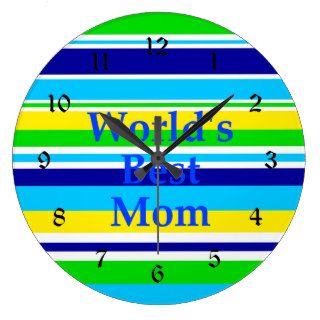 Worlds Best Mom Summer Stripes Teal Lime Yellow Wallclock