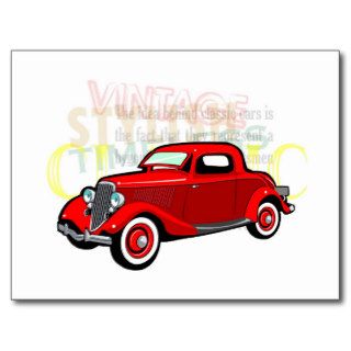 Classic car, old vintage coupe in red postcards