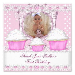 First Birthday Girl Pink Cupcakes White Baby Personalized Invitation
