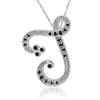 14k White Gold Alphabet Initial Letter T Black Diamond Pendant Necklace 0.12carat Diamond Delight Jewelry