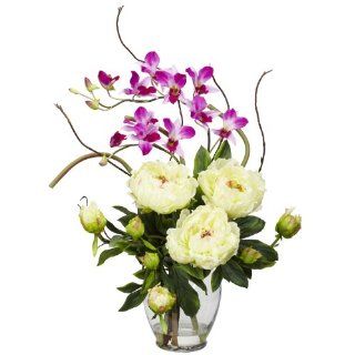 Nearly Natural 1175 WH Peony and Orchid Silk Flower Arrangement, White   Artificial Mixed Flower Arrangements