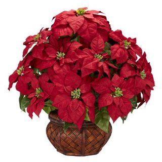 Nearly Natural 1265 Poinsettia with Decorative Planter Silk Flower Arrangement, Red   Artificial Mixed Flower Arrangements