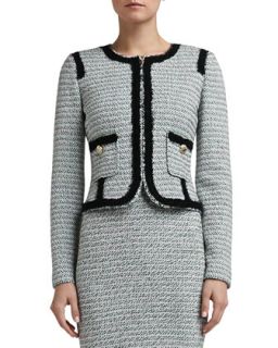 Womens Sorbet Tweed Knit Jacket With Shredded Fringe Trim and Pockets   St.