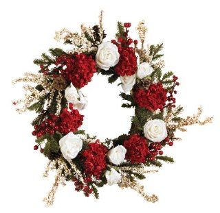Nearly Natural 4899 Hydrangea with White Roses Wreath, 24 Inch, Red /White/Green   Artificial Red And White Roses