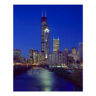 Chicago, Illinois, Skyline at night with Chicago Print