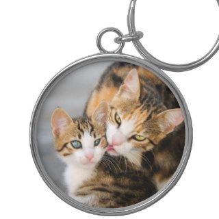 Mother cat licking its young kitten tenderly keychains
