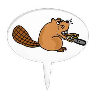 Funny High Tech Beaver with Chainsaw Cake Toppers