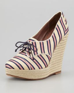 Tie Striped Oxford Wedge, Pink/Navy   Tabitha Simmons   Pink/Navy (37.5B/7.5B)