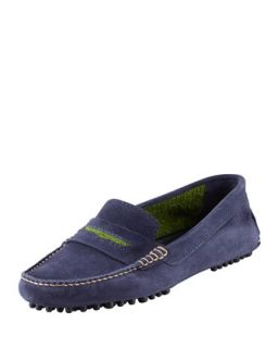 Terry Trimmed Suede Driver, Navy   Manolo Blahnik   Navy cosmo (39.5B/9.5B)