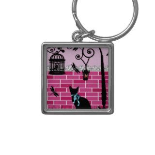 Whimsical cute cat & bird cage on pink vector wall keychains