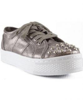 Qupid Maniac 08 Metallic Studded Lace Up Platform Sneaker PEWTER (8) Shoes