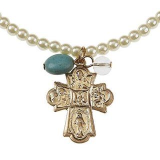 Catholic & Religious 4 way Medal Necklace. Religious Relics Charm Necklace on Beaded Ivory Pearls •Features * Worn Gold Plating * Ivory Pearl Necklace * Religious Relics Cross Pendant * Turquoise & Clear Bead Accents * Approx. Length 16&qu
