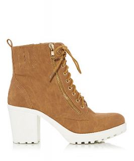 Tan and White Lace Up Block Heel Biker Boots