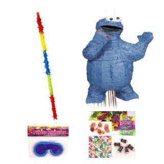 Cookie Monster 3D Pull Pinata Party Pack/Kit Including Pinata, Bit of Everyones Favorites Candy Filler Mix 3lb, Buster stick and Blindfold Toys & Games