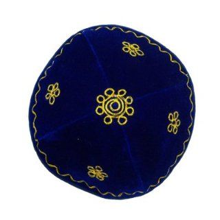 Velvet Kippah Royal Blue with Gold Embroidered Flower Design. Sold 2 Pieces Per Order. For Bar Mitzvah Bat Mitzvah Yom Kippur Rosh Hashanah Chanukah Wedding Shabbat Seder Night Passover Purim and Other Jewish Holiday  Other Products  