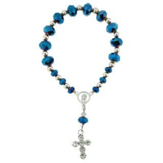 Blue Rosary Bracelet with Faceted Rondell Beads in 10x8mm and Clear Bead   Cross   Stretchy   5.25" Overall Length Jewelry
