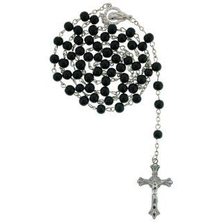 Black Beaded Link Rosary With Virgin Mary Centerpiece and 5mm Round Beads   27'' Necklace   19'' Overall Length Jewelry