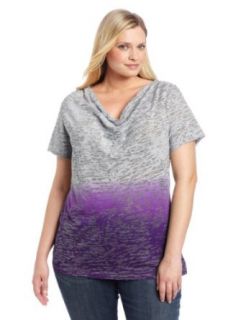 Calvin Klein Performance Women's Plus Size Dip Dye Burnout Cowl Neck Tee, Pearl Grey/Bright Purple, 1X Athletic Shirts