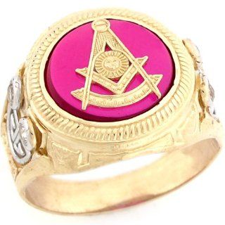 10k Gold Past Master Freemason Masonic Synthetic Ruby CZ Mens Ring Jewelry