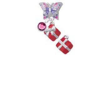 Small 3 D Red Present Box with Silver Bow Butterfly Charm Bead Dangle with Crystal Drop Delight & Co. Jewelry