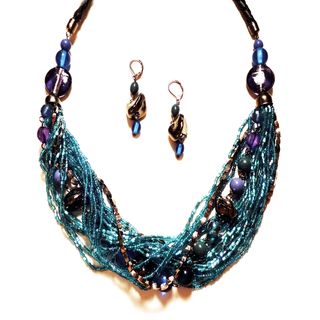 Pavcus Designs Aqua Blue Multi strand Beaded Necklace and Earring Set Jewelry Sets