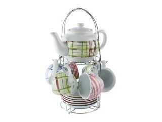 Present Time Multi Colored Tartan Porcelain Tea Set with Stand Kitchen & Dining