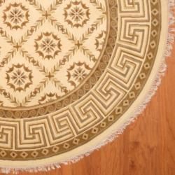 Indo Hand knotted Tibetan Ivory/ Light Brown Wool Rug (8' Round) Round/Oval/Square