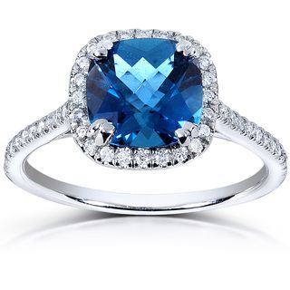 Annello 10k White Gold London Blue Topaz and 1/4ct TDW Diamond Halo Ring (H I, I1 I2) Annello Gemstone Rings