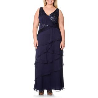 Ignite Evenings Women's Plus Size Dark Sapphire Embellished Multi tiered Gown Ignite Evenings Dresses