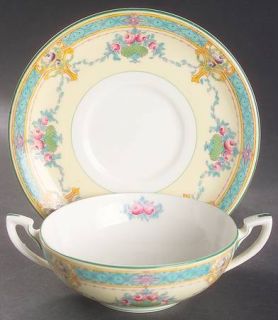 Royal Worcester Melba (Cream Background) Flat Cream Soup Bowl & Saucer Set, Fine