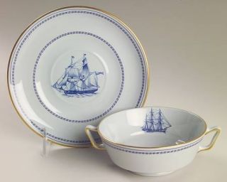 Spode Trade Winds Blue Footed Cream Soup Bowl & Saucer Set, Fine China Dinnerwar