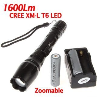 SecurityIng� CREE XM L T6 LED Zoomable 1600Lm Flashlight Torch, Bright CREE LED Lamp Light Torch, Cree T6 LED Bulb Lamp Flashlight with 18650 Battery and Charger, Great Flashlight Torch for Cmaping, Hikging and Other Indoor/Outdoor Activities   Basic Handh