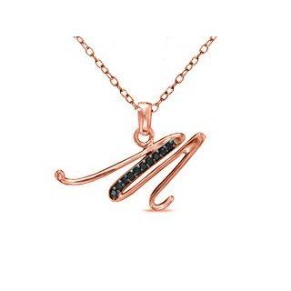 Rose Gold Plated in Sterling Silver Black Diamond Initial Necklaces Charm (M) with 18" Chain Jewelry
