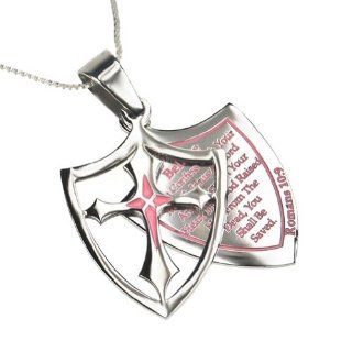 Christian Womens Stainless Steel Abstinence "Believe   If You Confess Jesus As Lord and Believe in Your Heart That God Has Raised Him From the Dead You Shall Be Saved. Romans 109" 2 Piece Pink Shield Cross Chastity Necklace on a 18" Silver 