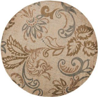 8' Paisley Leaves Tan and Olive Green Shed Free Round Area Throw Rug   Machine Made Rugs