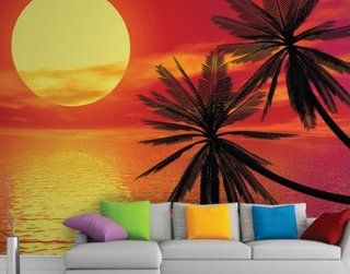 FotoTapete No.112 "ROMANTIC SUNSET" 400x280cm Sonnenuntergang, Palmen, Meer, Ozean, Insel, Strand, Beach, Sonne, rot, gnstig, Photo Wall Mural Küche & Haushalt