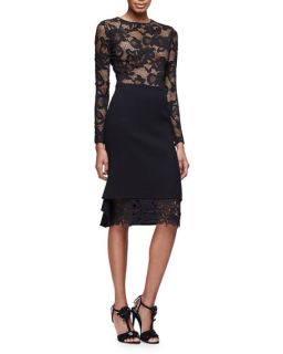 Oscar de la Renta Long Sleeve Floral Lace Pullover & High Waist Pencil Skirt W/Lace Trim, Black