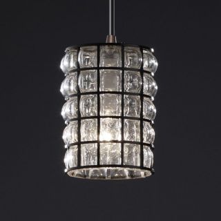Justice Design Group WGL 8815   Pendants 1 Light Mini Pendant   Cylinder with Flat Rim Shade   Dark Bronze with Grid with Clear Bubbles Glass   Pendant Lights