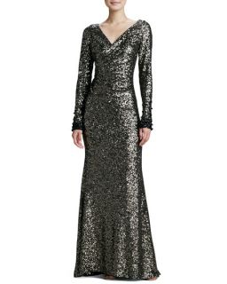 Badgley Mischka Sequined Long Sleeve Ruched Gown