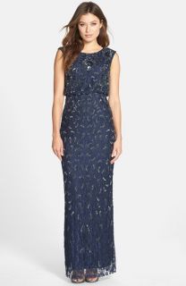 Adrianna Papell Beaded Lace Blouson Column Gown