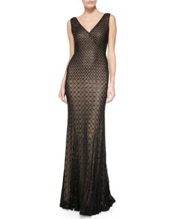 Rachel Gilbert Willow V Neck Embellished Georgette Gown, Black