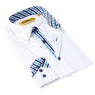Brio Milano Mens Contemporary Fit White and Blue Stripe Button up