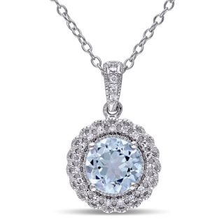 Miadora Sterling Silver Blue Topaz 1/10ct TDW Diamond Halo Necklace (G